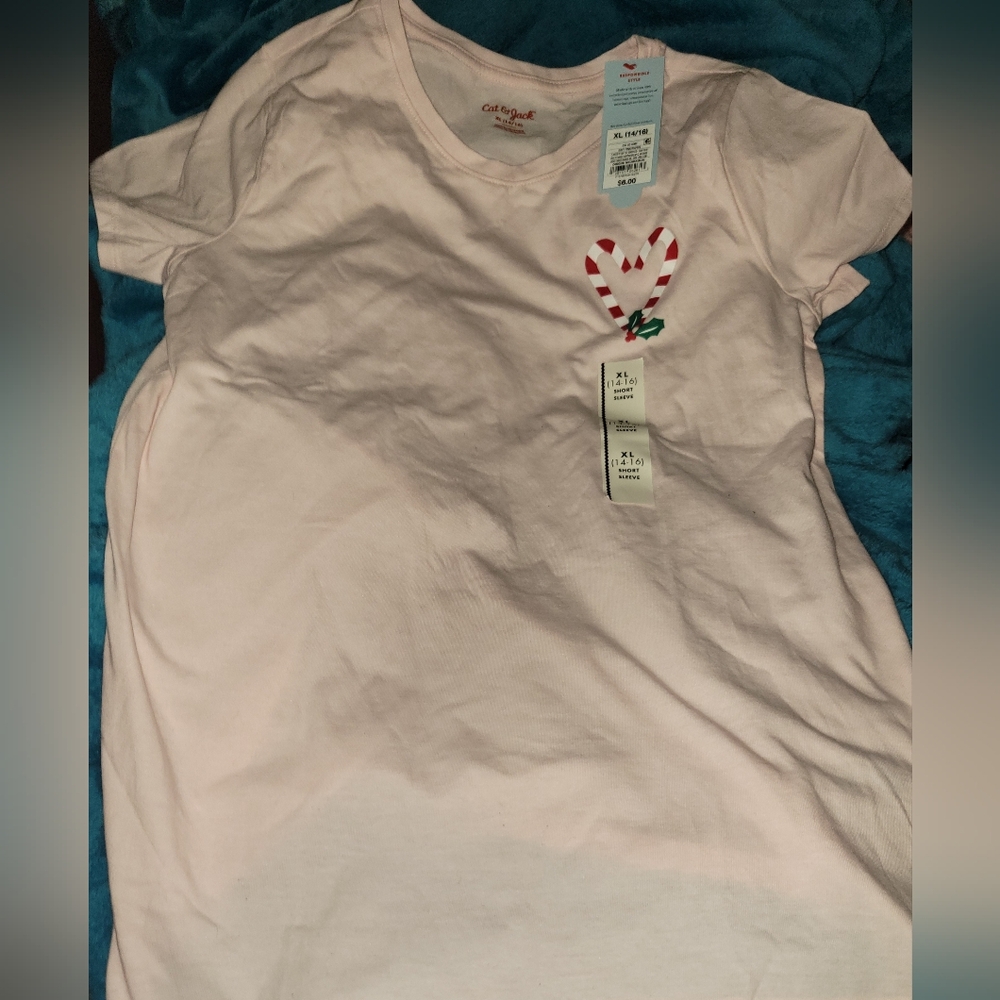 T-Shirt Girls XL 14/16 Christmas Valentines Day Pink with Candy Cane Heart NWT